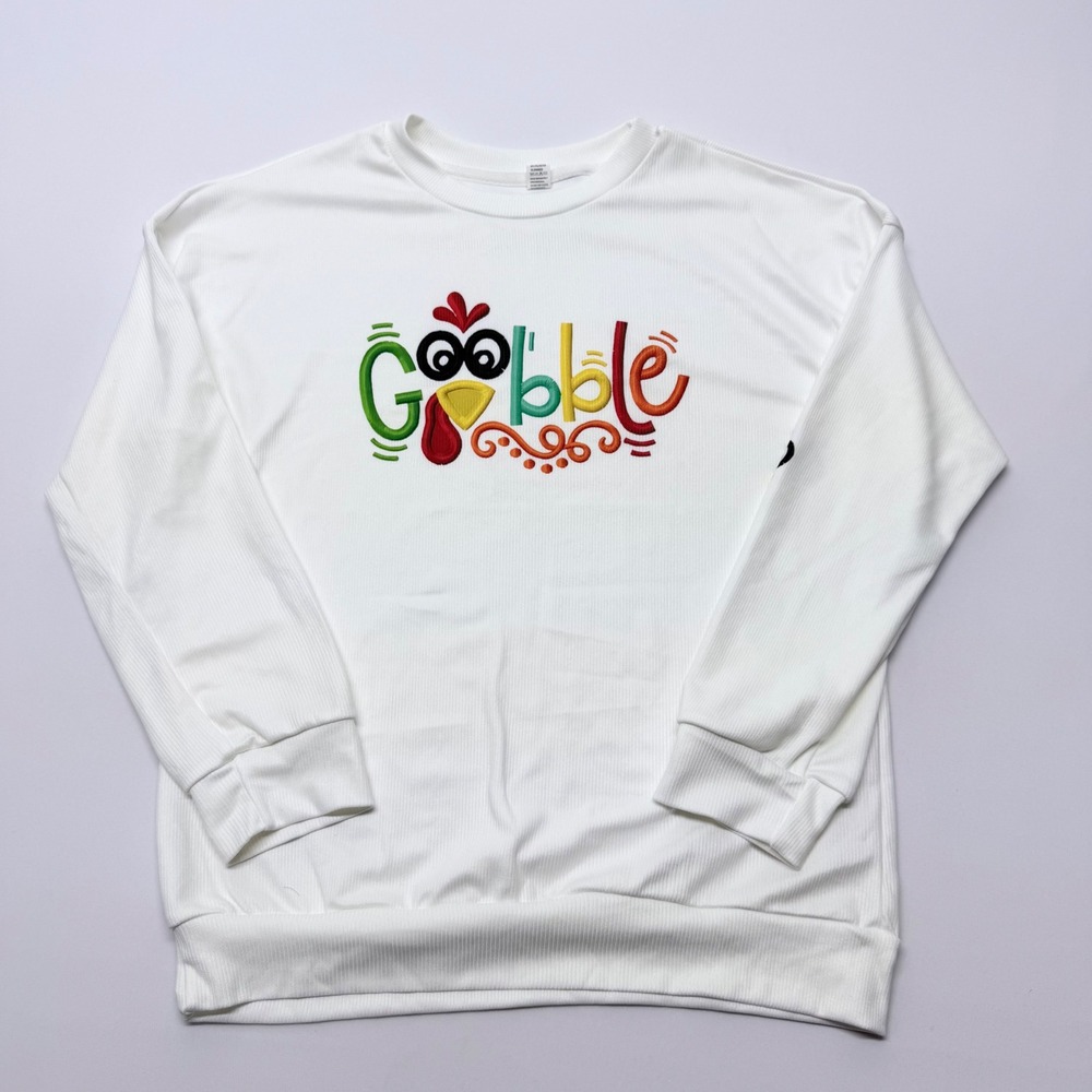 White Ribbed Thanksgiving Gobble Turkey Embroidered Sweatshirt Mens Medium